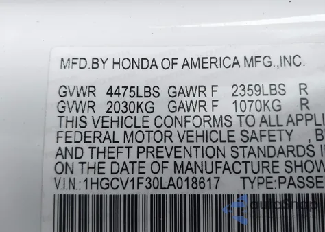 2020 Honda Accord Sport from USA, damaged, VIN 1HGCV1F30LA018617